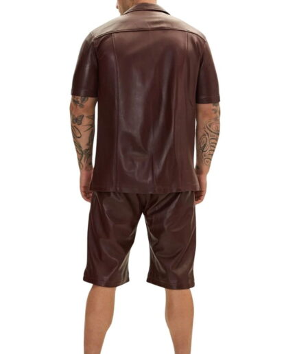 Back - Burgundy Short Sleeve Men Leather Shirt