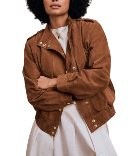 Tan Suede Leather Bomber Jacket for Women