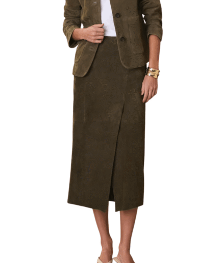 Olive Suede Leather Midi Wrap Skirt
