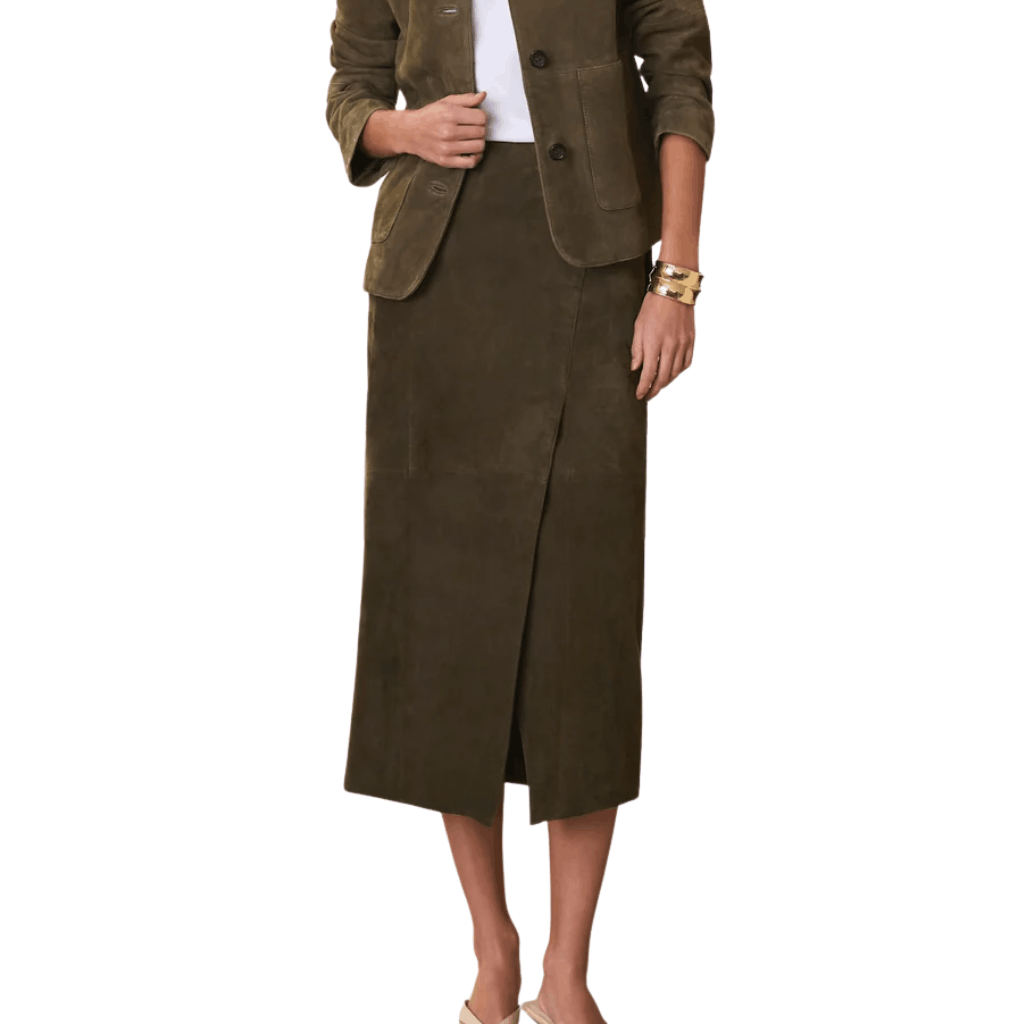 Untitled design (27) (1) Olive Suede Leather Midi Wrap Skirt