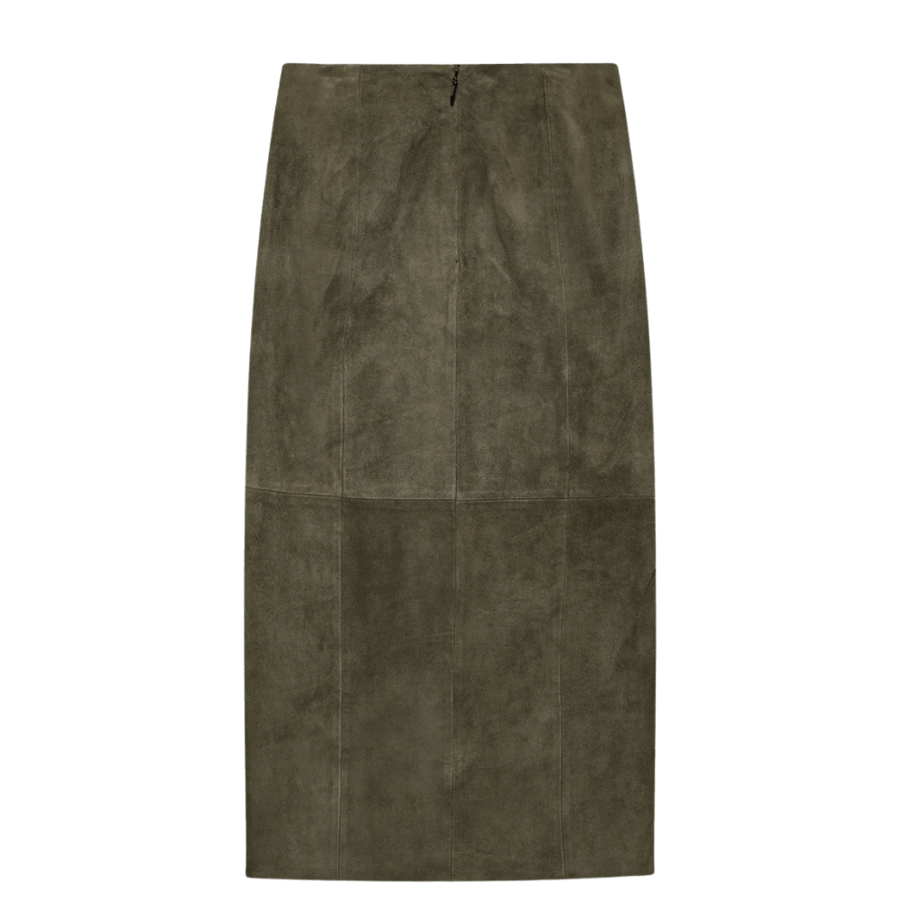 Untitled design (29) (1) Back Olive Suede Leather Midi Wrap Skirt,