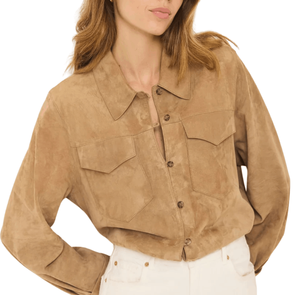 Untitled design (30) (1) Women Tan Suede Leather Shirt