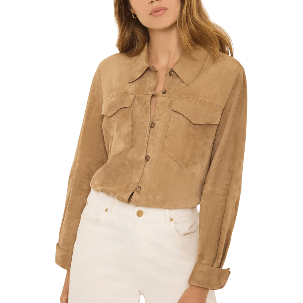 Untitled design (31) (1) Women Tan Suede Leather Shirt