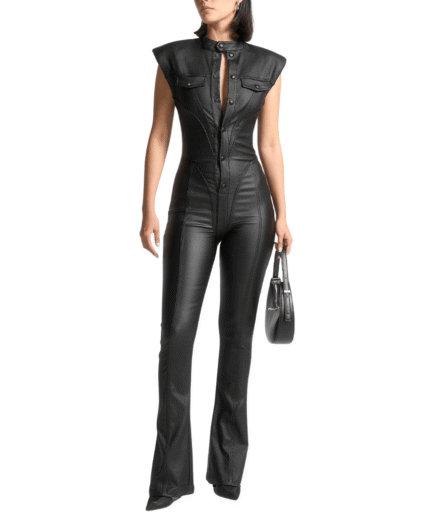 Black Biker Women Leather Jumpsuit