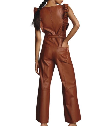 back Women Leather Cropped Wide-Leg Jumpsuit