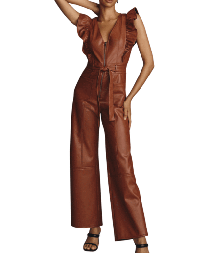 Women Leather Cropped Wide-Leg Jumpsuit