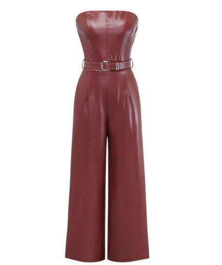 Strapless Red Leather Jumpsuit For Women