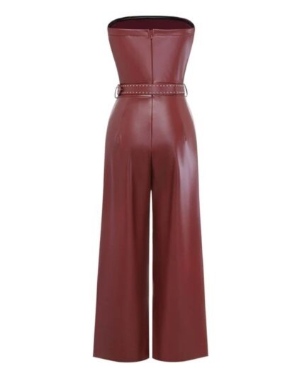 Back Strapless Red Leather Jumpsuit For Women
