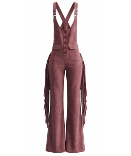 Vintage Style Fringe Detailing Flared Leg Suede Leather Jumpsuit