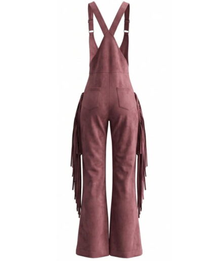 Fringe Detailing Flared Leg Suede Leather Jumpsuit