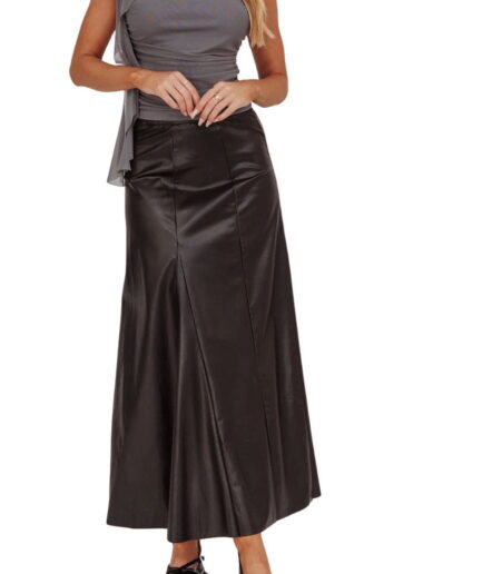 A-Line Flared Leather Maxi Skirt Black
