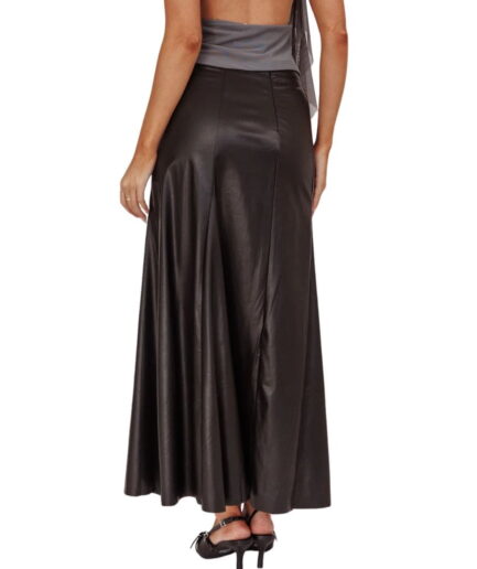 A-Line Flared Leather Maxi Skirt Black Back