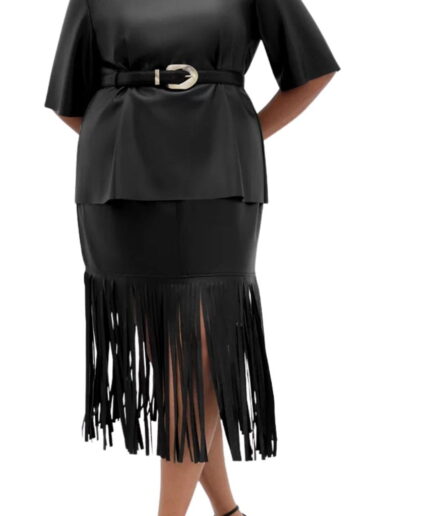 Vegan Leather Fringe Detailing Leather Skirt