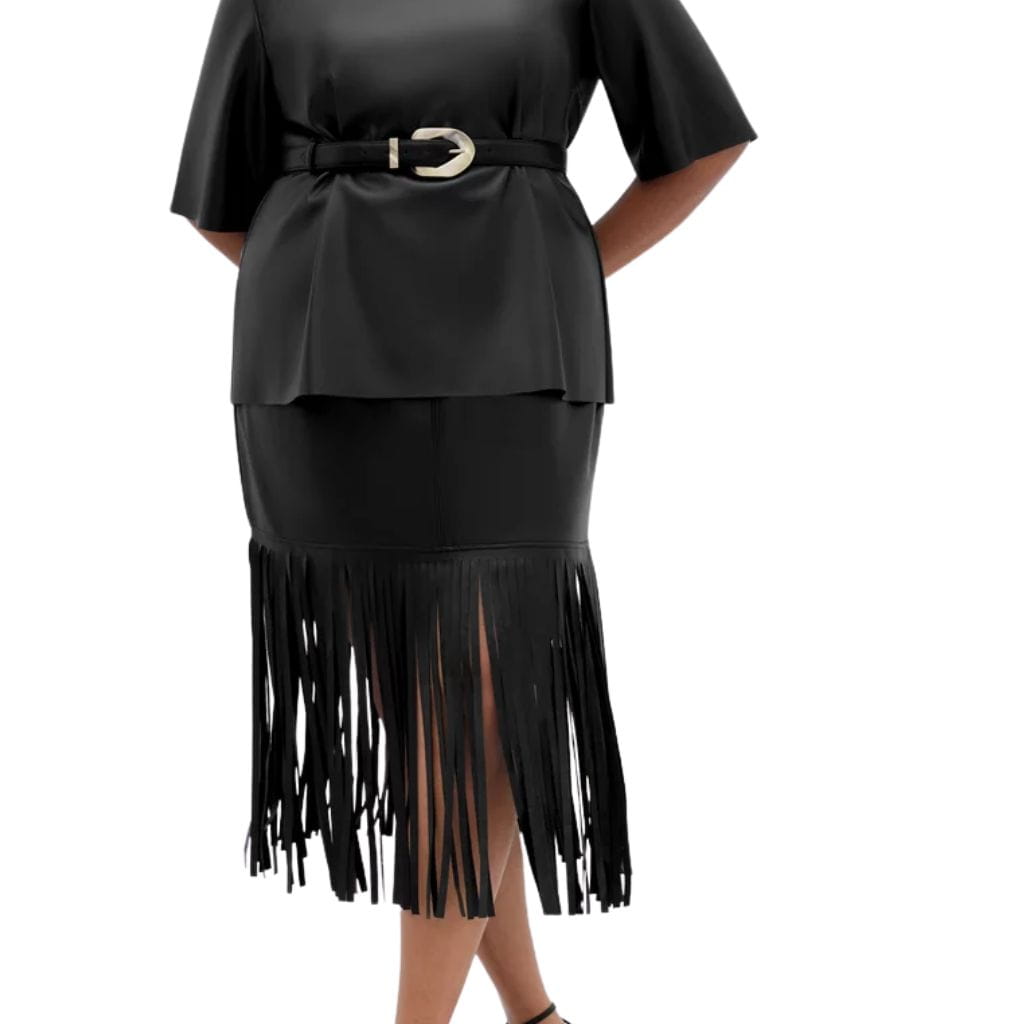 short (43) (1) Vegan Leather Fringe Detailing Leather Skirt