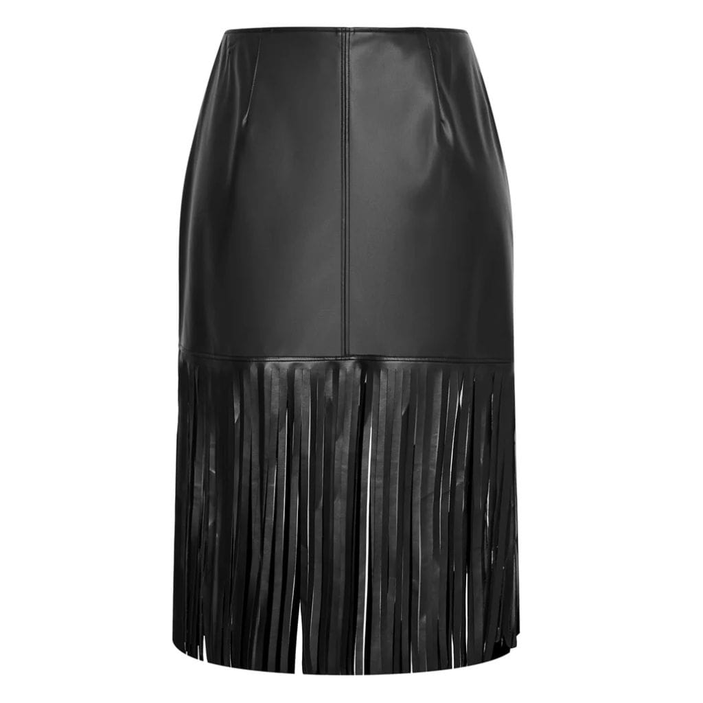 short (44) (1) Vegan Leather Fringe Detailing Leather Skirt