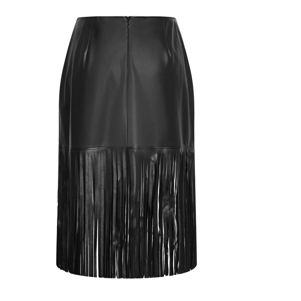 short (45) (1) Vegan Leather Fringe Detailing Leather Skirt